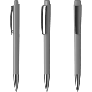 Three grey plastic pens with stainless steel accents, featuring a clip on the side and a sleek, glossy finish.