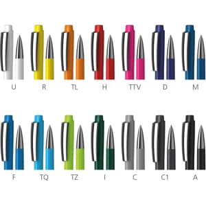 A selection of plastic pens in various colours, featuring a silver clip and branding on each pen.