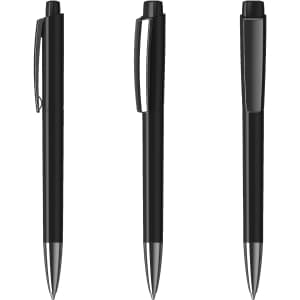 A set of three black plastic pens with a high gloss finish and silver accents, featuring clips and a logo.