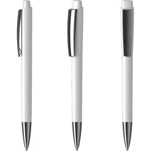 A white plastic pen with high gloss finish, featuring chrome accents and a clip. Displayed from multiple angles.