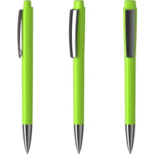 A green plastic pen with a glossy finish and a metal clip, displayed from three different angles.