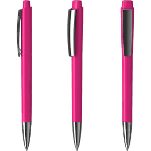A set of three bright pink plastic pens with silver accents and a clip, featuring a sleek high gloss finish.