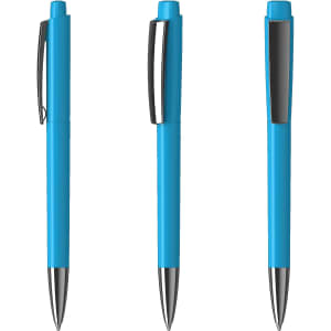 A set of three blue plastic pens with silver accents and clips, featuring a glossy finish. Each pen has a distinct angle.