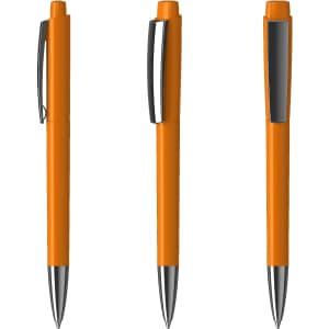 An orange plastic pen with a glossy finish and silver accents, featuring a clip and a streamlined design.
