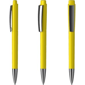 A yellow plastic pen featuring a sleek design and a silver clip, displayed from three angles.