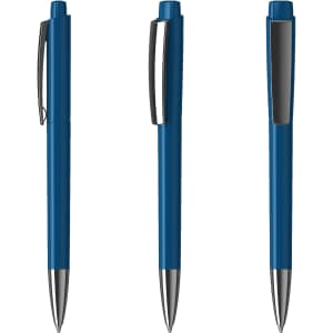 Three blue plastic pens with silver accents and clips, showcasing different angles. Each pen features a sleek design.