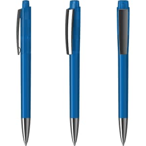 A set of three transparent blue plastic pens with silver tips and black clips, featuring a logo on each.
