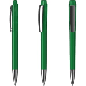 Three green plastic pens with shiny silver tips, featuring a clip and a branding logo on the barrel.