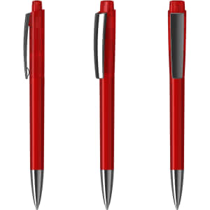 A collection of red plastic pens with a glossy finish and silver accents, featuring a clip and branding.