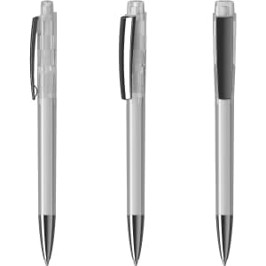 A set of transparent plastic pens in clear and black colours, featuring a sleek design and clip.