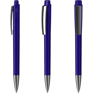 A set of three blue plastic pens with silver accents and clips, featuring a logo on the barrel.