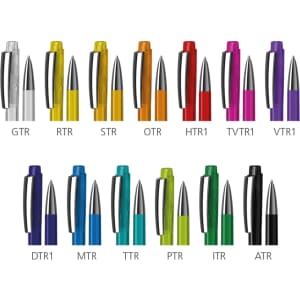 A collection of plastic pens in various colours, including purple, orange, blue, green, and silver, with silver accents.