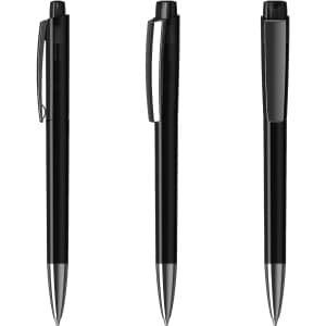 A set of three black plastic pens with shiny silver detailing and a logo on each.