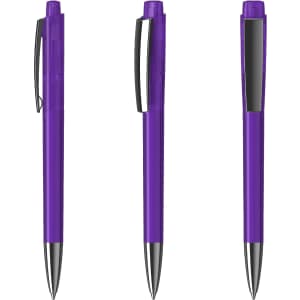 A purple plastic pen with a silver tip and clip, featuring a logo. Three angles of the pen are displayed.