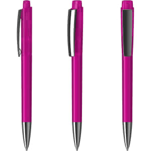 A vibrant pink transparent plastic pen with a silver clip and tip, showcased from multiple angles.