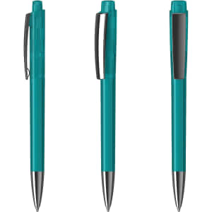 A set of transparent teal plastic pens with silver accents, featuring a clip and a smooth barrel design.
