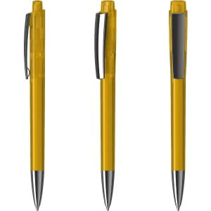 A transparent yellow plastic pen with a silver nib and a black clip, featuring a logo.