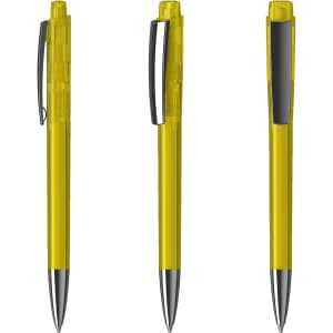 Transparent yellow plastic pens with silver accents and black clips, featuring various angles of the design.