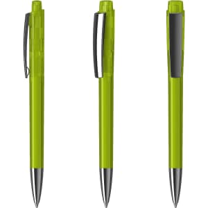 A set of transparent green plastic pens with a silver clip and tip, featuring a logo on the barrel.