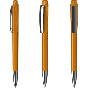 A clear orange plastic pen with a chrome tip and a clip, displaying three different angles.