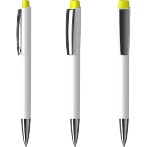 A white plastic pen with a high gloss finish and yellow accents, featuring a sleek design and a silver clip.