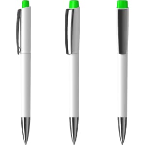 A set of white plastic pens with a high gloss finish, featuring green toppers and silver accents.