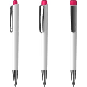 A set of three plastic pens featuring a white body and bright pink cap, with silver accents and a logo.