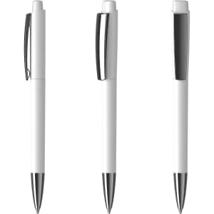 A set of white plastic pens with high gloss finish and chrome accents, featuring a sleek design and a clip.