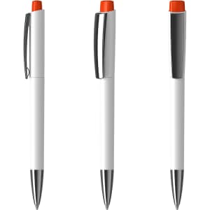 A set of three white plastic pens with glossy finishes and orange tops, featuring a silver clip and trim.