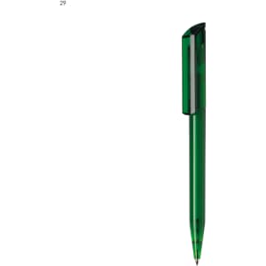 A green plastic pen with a sleek design and a clip at the top, featuring a branding logo.