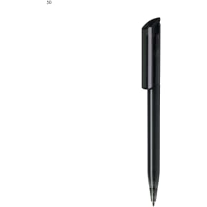 A black plastic pen with a sleek design and a clip for easy attachment. It features a branding logo on the body.