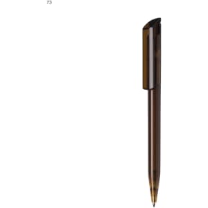A plastic pen in a dark brown colour with a sleek design and a clip, featuring a logo on the barrel.