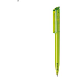 A bright green plastic pen with a transparent barrel and a clip on the cap.