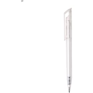 A plastic pen with a clear barrel and a silver nib, featuring a clip on the cap and a simple design.