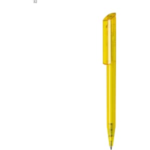 A yellow plastic pen with a clear cap and a transparent barrel, featuring a branding logo.
