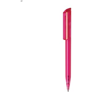 A plastic pen in a vibrant pink colour with a sleek design and a visible branding logo.