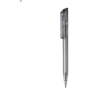 A plastic pen in transparent grey with a clear cap, featuring a logo on the barrel.