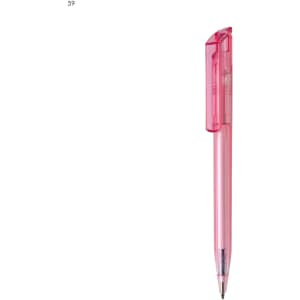 A pink plastic pen with a transparent cap and a sleek design, featuring a logo on the barrel.