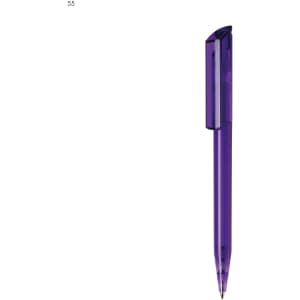 A purple plastic pen featuring a sleek design and a clip. Includes branding on the body.