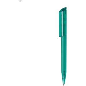 A plastic pen in a vibrant teal colour, featuring a transparent cap and barrel. It includes a branding logo.