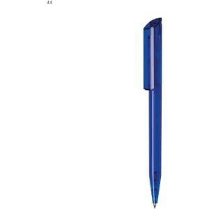 A blue plastic pen with a clear barrel and a matching clip, featuring a logo.