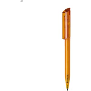 An orange plastic pen with a transparent clip and a black nib, featuring branding on the body.