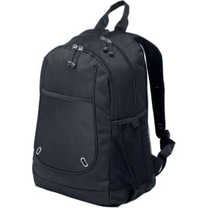 A black backpack with a mesh side pocket, two zippered compartments, and padded straps for comfort.