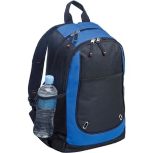 A black and blue backpack featuring a mesh side pocket with a drink bottle, and zippers on the front.