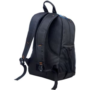 A black backpack with mesh accents and adjustable straps, featuring a logo on the side.