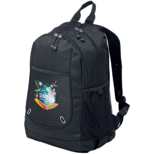 A black backpack with multiple compartments and a logo featuring a colourful summer-themed design on the front.