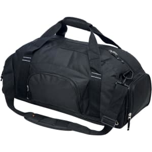 A black duffle bag with multiple compartments, carrying handles, and a shoulder strap. It has a logo.