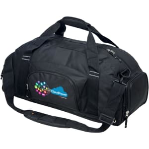 A black duffle bag with dual handles and a detachable shoulder strap, featuring a logo on the side.