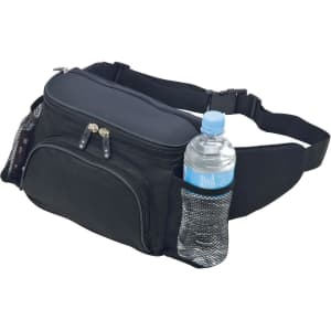 A black hiking waist bag features a zippered main compartment and a side pocket with a drink bottle. It has a logo.