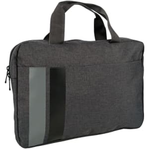 A grey satchel-style bag with handles, featuring a sleek design and a logo on the front.